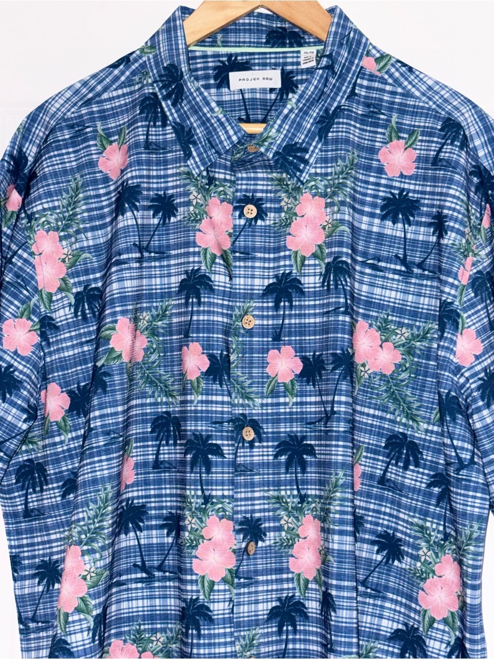 Projek Raw Mens XXL Tropical Plaid Button-Up Pink Floral Collared Shirt